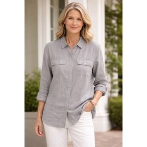 J Jill Love Linen Grey Button Front Shirt Lightweight Casual Womens‎ Size S